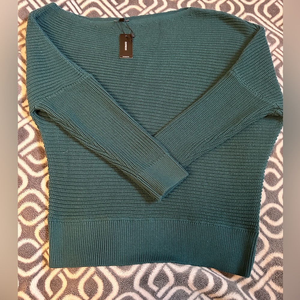 Express Womens Asymmetrical Off the Shoulder Long Sleeve Sweater Medium Teal - Picture 7 of 10